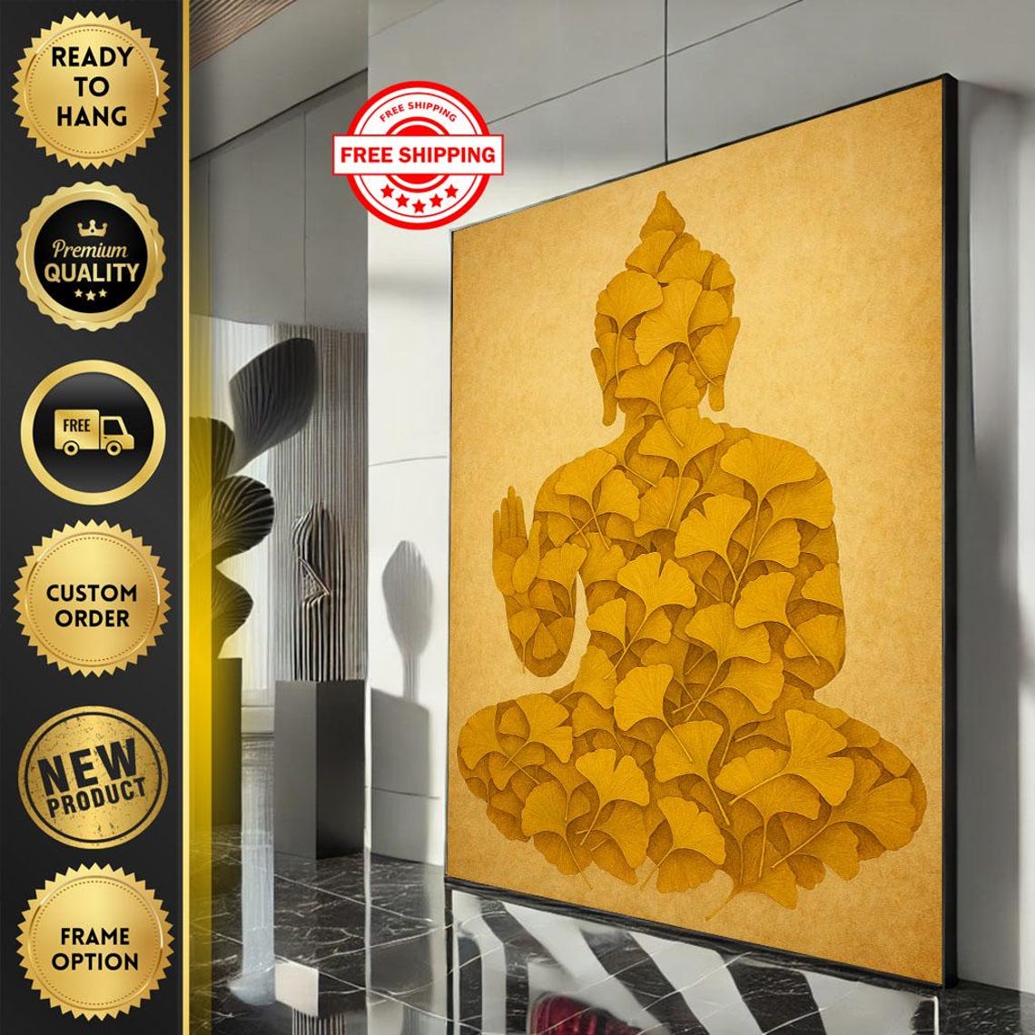 Golden Buddha Silhouette Ginkgo Leaf Art Zen Meditation Wall Poster