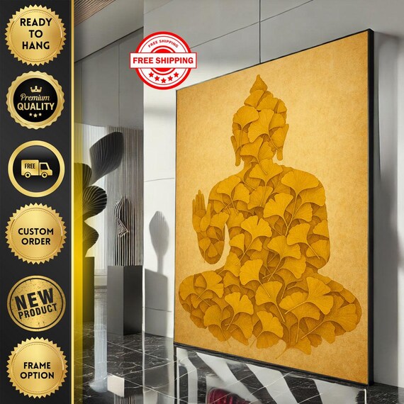 Golden Buddha Silhouette Ginkgo Leaf Art Zen Meditation Wall Poster