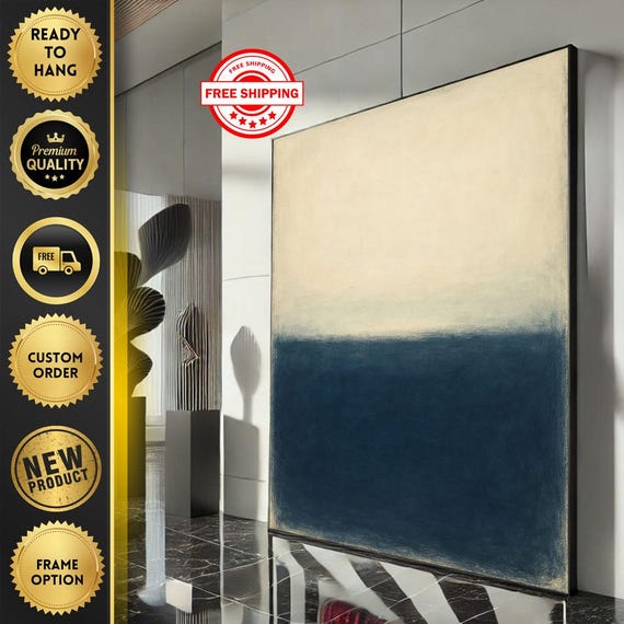 Mark Rothko Inspired Blue And Beige Canvas Bold Color Field Painting For Modern Living Room Decor Ready To Hang