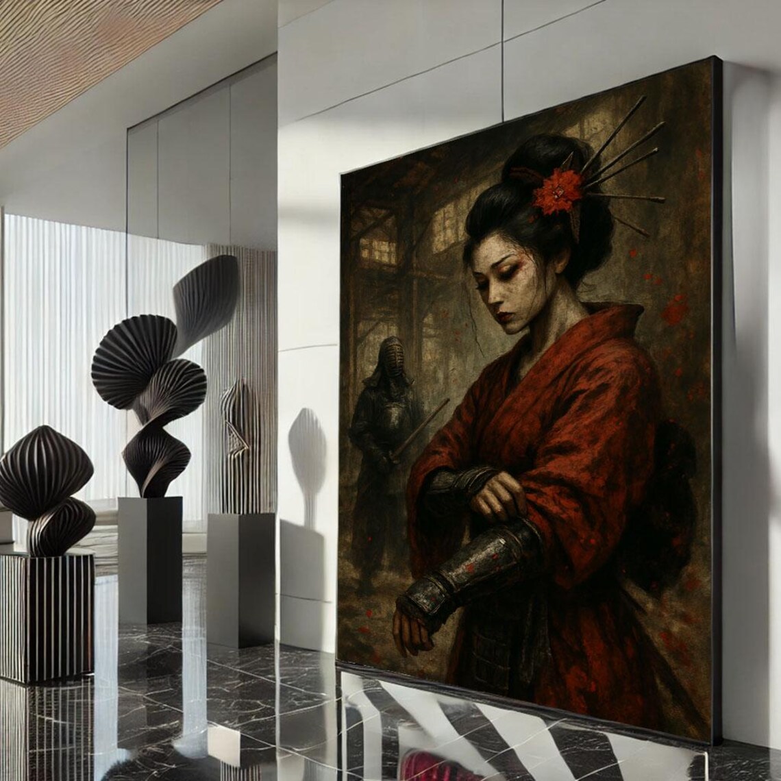 Samurai Woman Red Kimono Guard Dark Moody Candlelit Wall Art