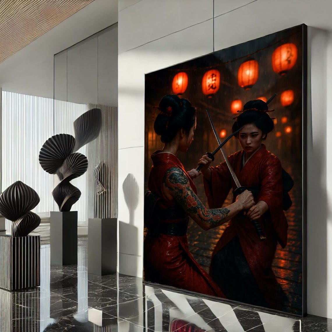 Two Tattooed Geisha Sword Duel Red Lantern Night Street Art Poster
