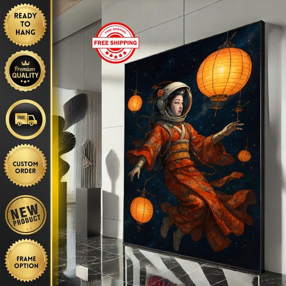 Bold Geisha Lanterns Canvas Wall Art Print Oriental Fantasy Living Room Decor Ready To Hang