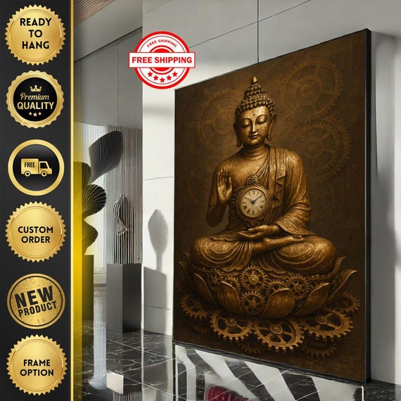 Serene Buddha Clockwork Canvas Wall Art Print Industrial Zen Living Room Decor Ready To Hang
