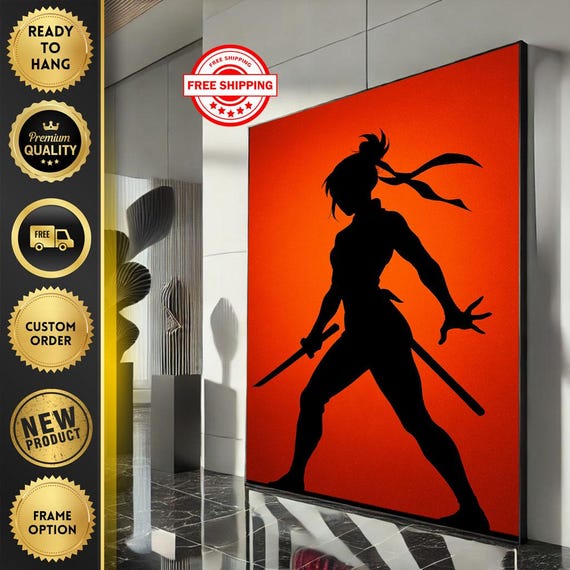 Bold Samurai Silhouette Canvas Wall Art Print Striking Red And Black Living Room Decor Ready To Hang