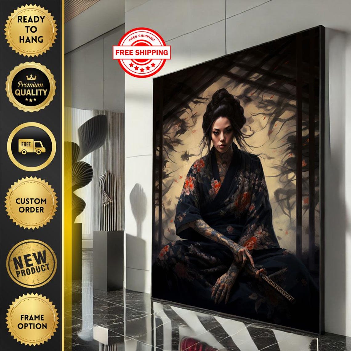 Mystical Samurai Woman In Dark Floral Kimono With Katana Poster