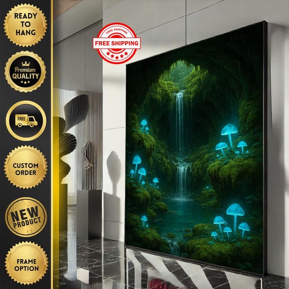 Mystical Forest Waterfall Canvas Wall Art Print Enchanting Blue And Green Living Room Decor Ready To Hang