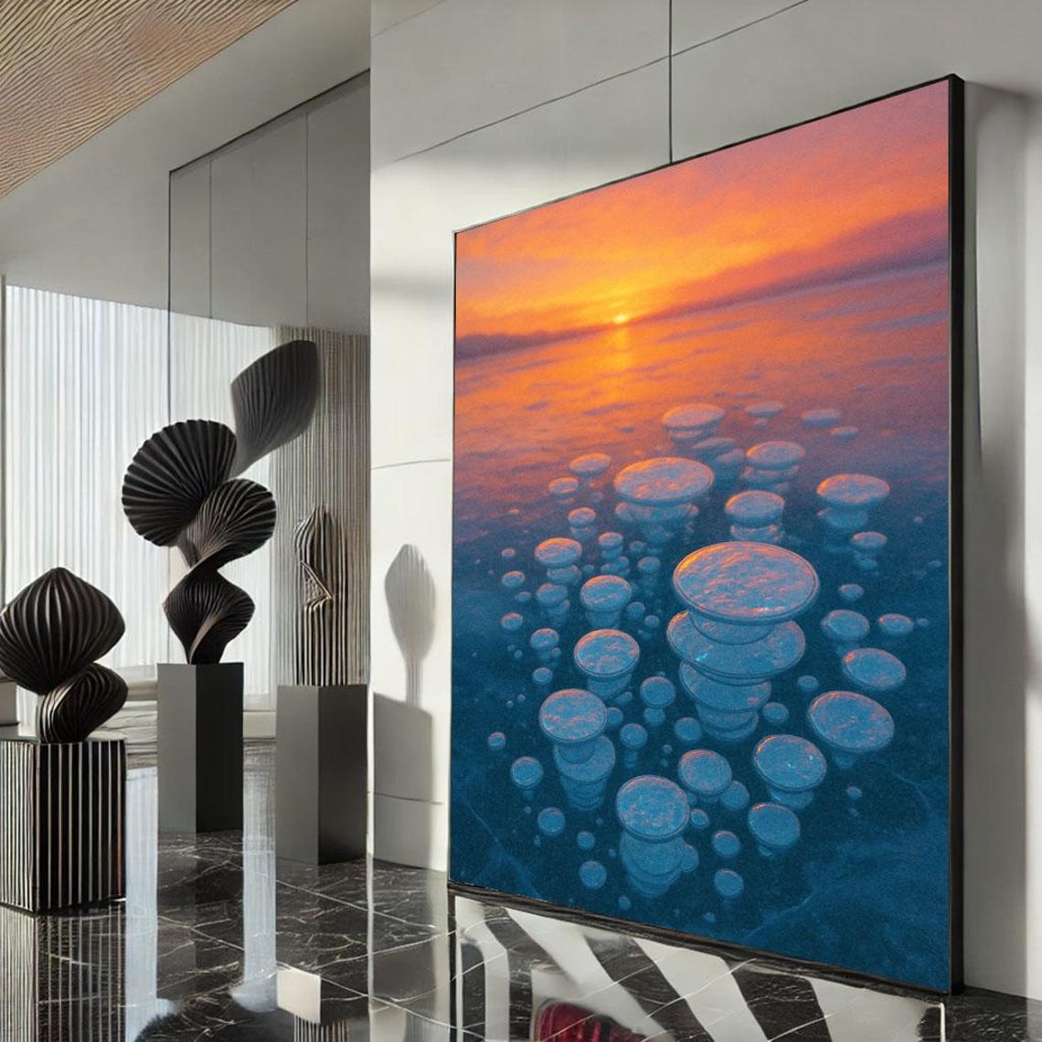 Frozen Lake Ice Bubbles Under Orange Winter Sunset Sky Poster