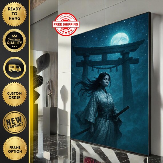 Moonlit Torii Gate Samurai Woman Starry Night Sky Art Poster