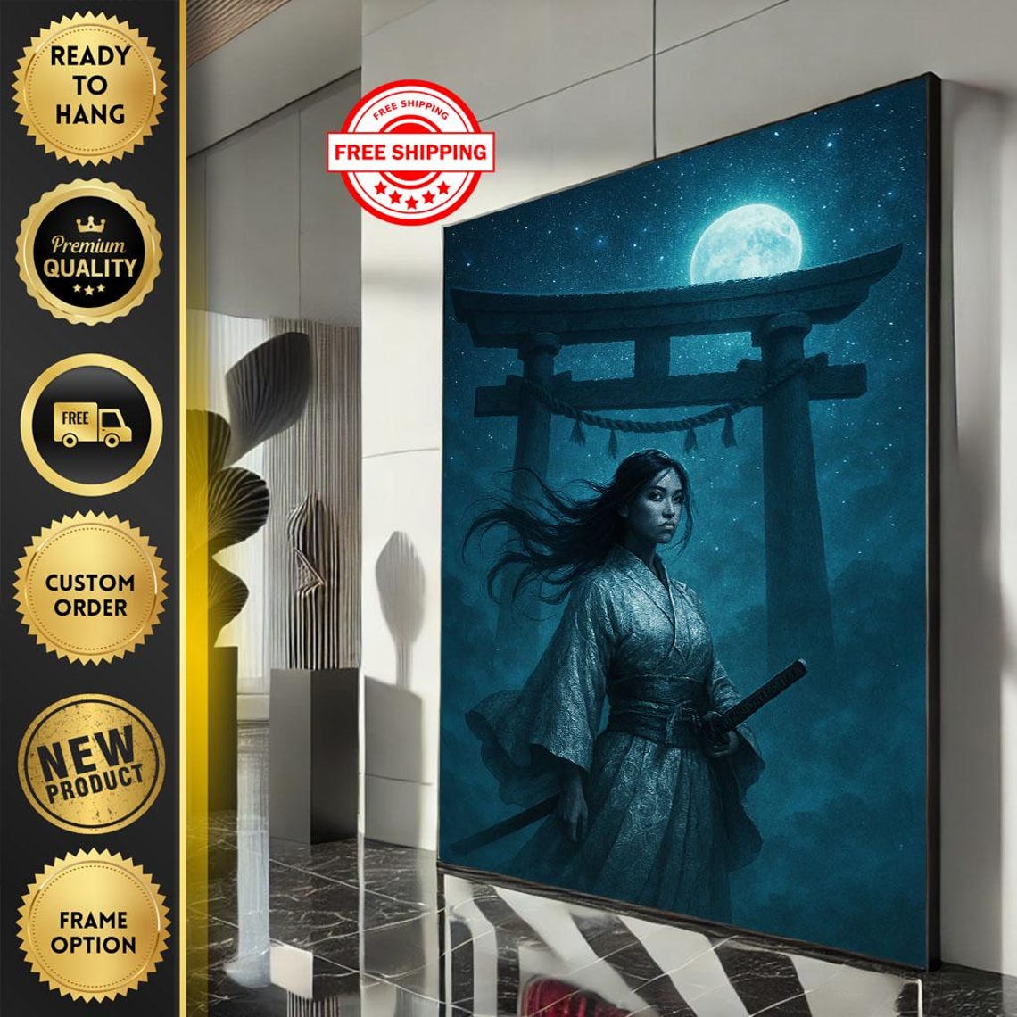 Moonlit Torii Gate Samurai Woman Starry Night Sky Art Poster