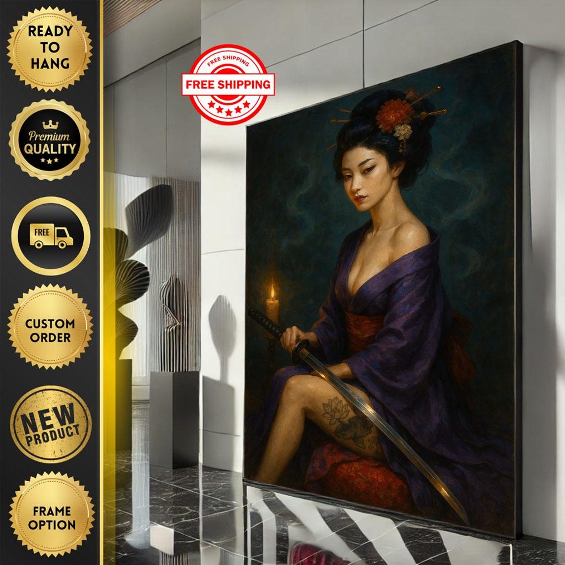 Seated Geisha Katana Candlelight Japanese Portrait Violet Art Poster
