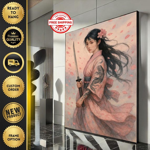 Elegant Samurai Woman Canvas Wall Art Print Pink Tones Living Room Decor Ready To Hang