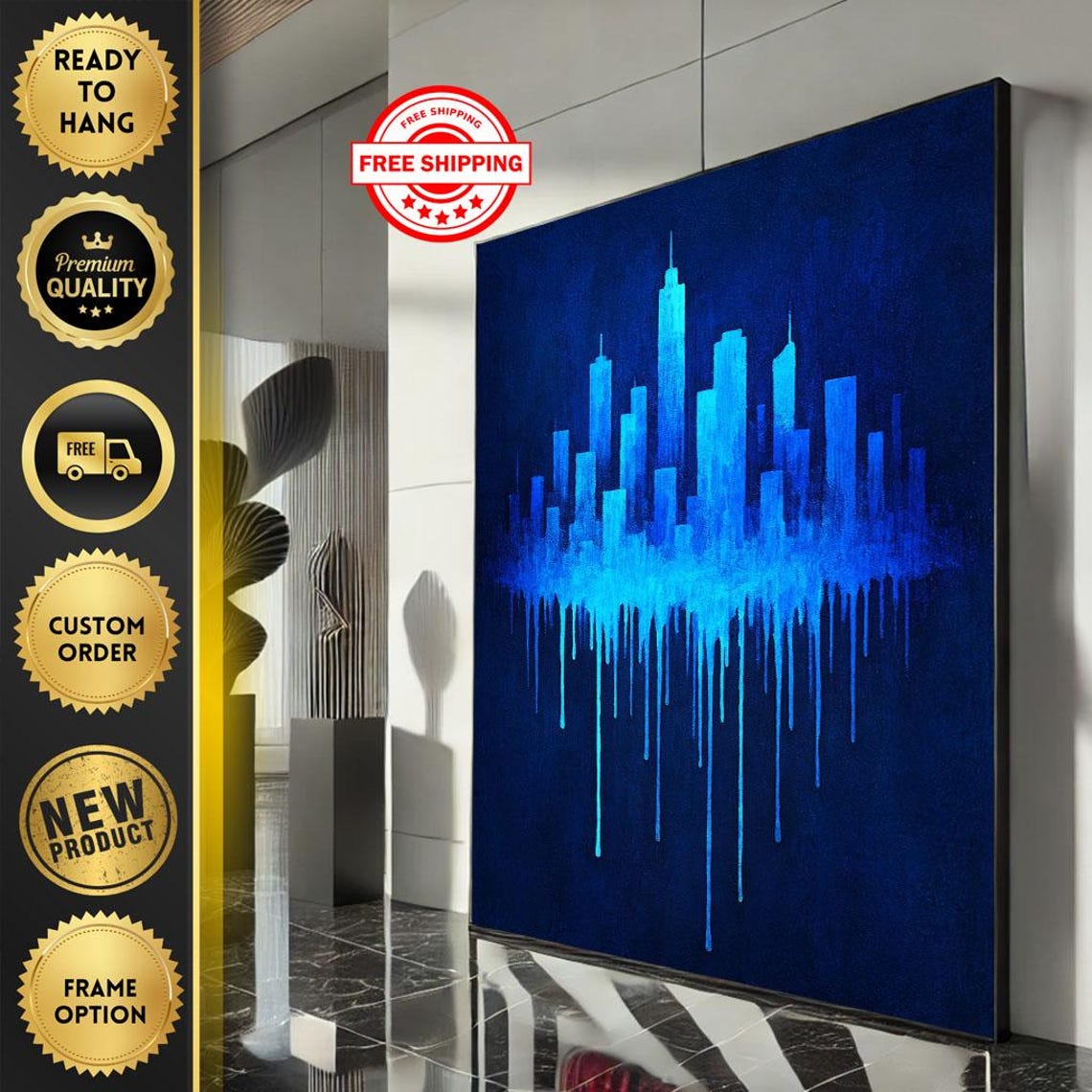 Modern Neon Blue City Skyline with Dripping Paint Effect Art Poster