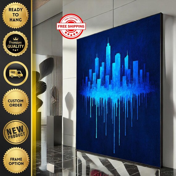 Modern Neon Blue City Skyline with Dripping Paint Effect Art Poster