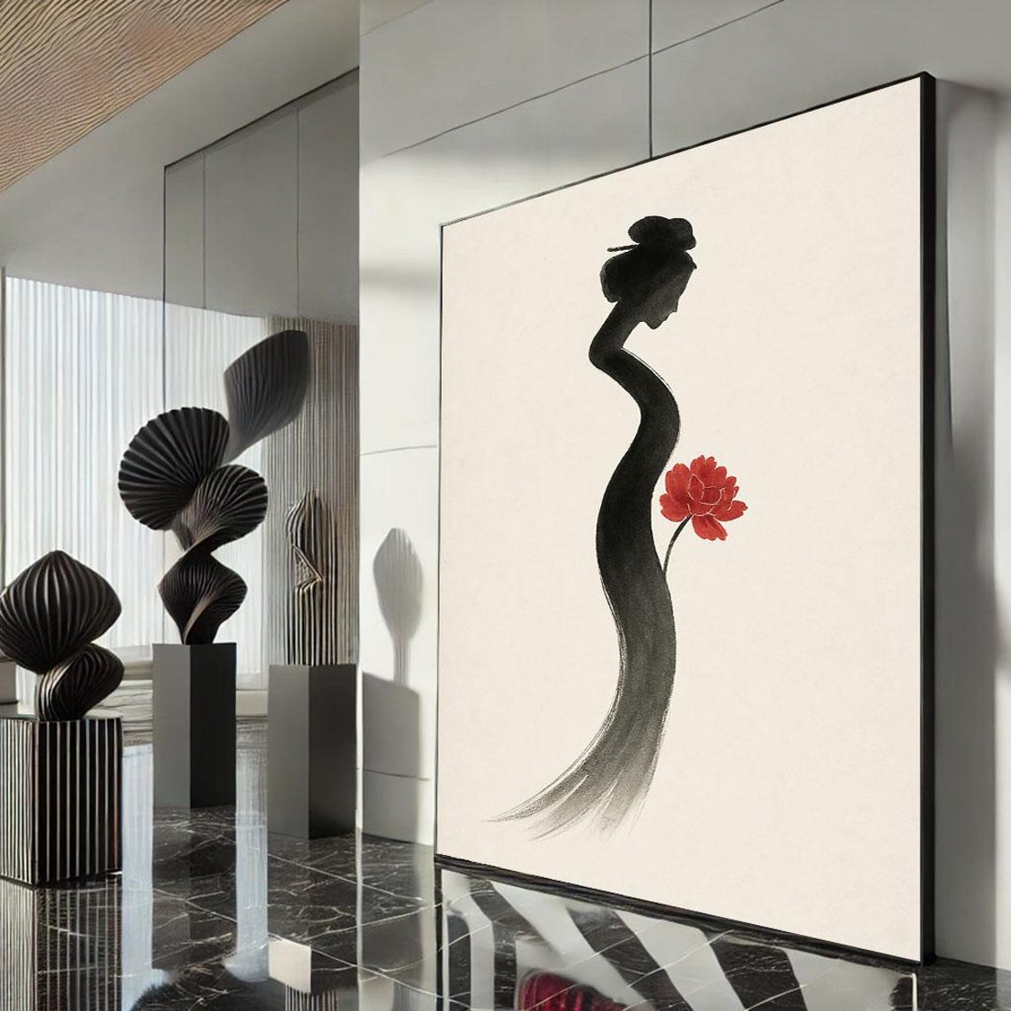 Minimalist Ink Brush Woman Silhouette Red Peony Flower Zen Poster