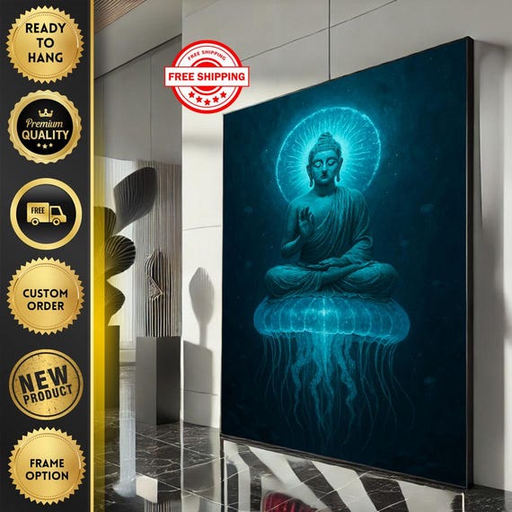 Tranquil Buddha Meditation Canvas Wall Art Print Blue Modern Living Room Decor Ready To Hang