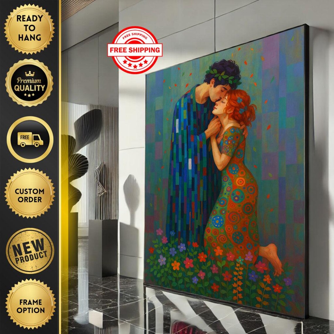 Romantic Couple Embrace Colorful Mosaic Style Kiss Lovers Poster