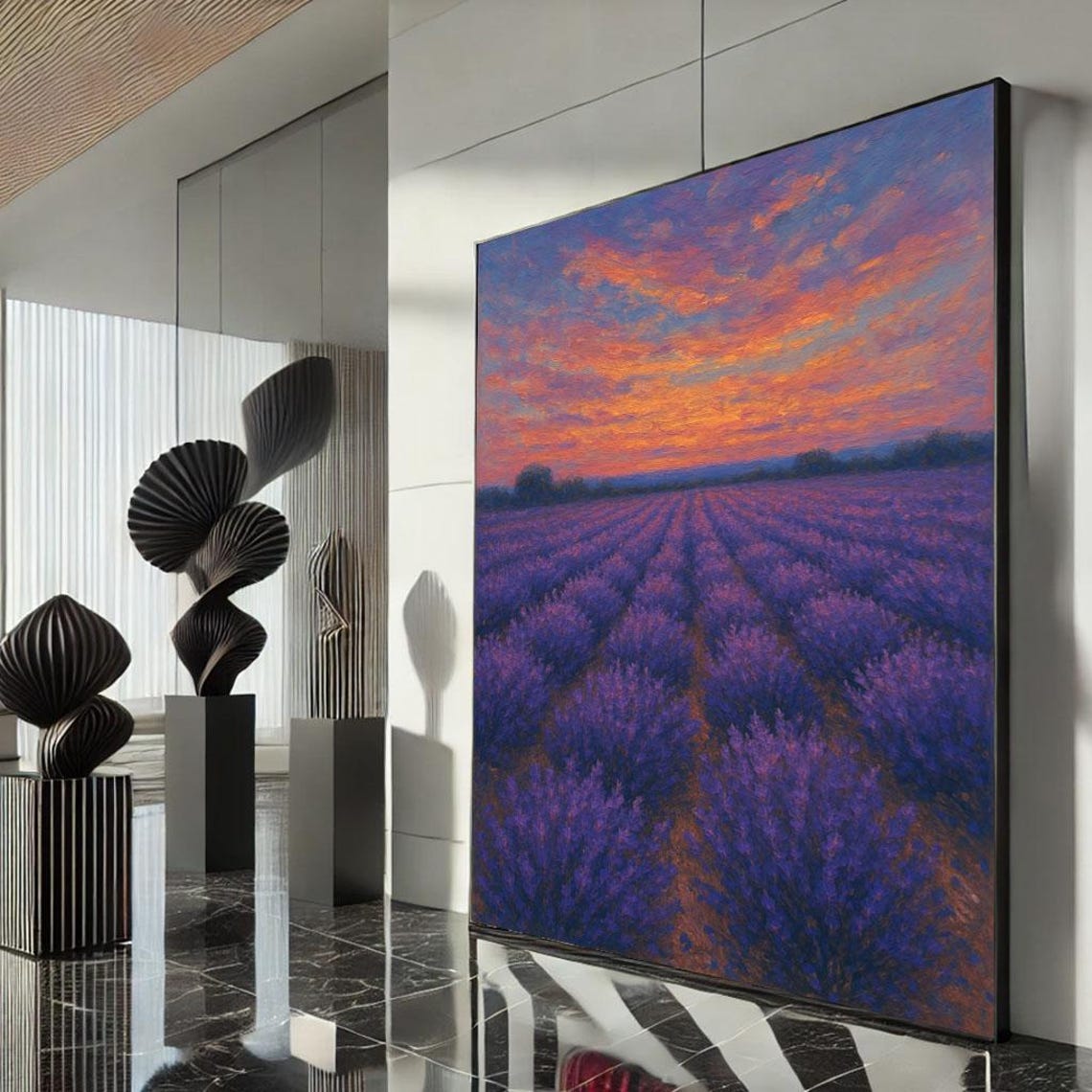 Lavender Field Sunset Impressionist Landscape Purple Flower Art Poster