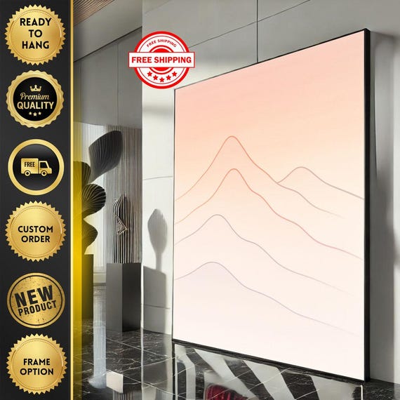 Minimalist Mountain Landscape Canvas Wall Art Print Soft Pink And Beige Living Room Decor Ready To Hang