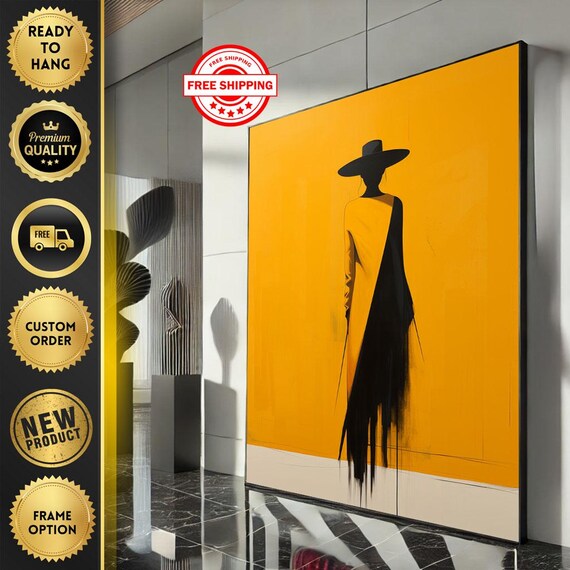 Woman In Hat With Yellow Dress On Orange Minimalist Art Poster