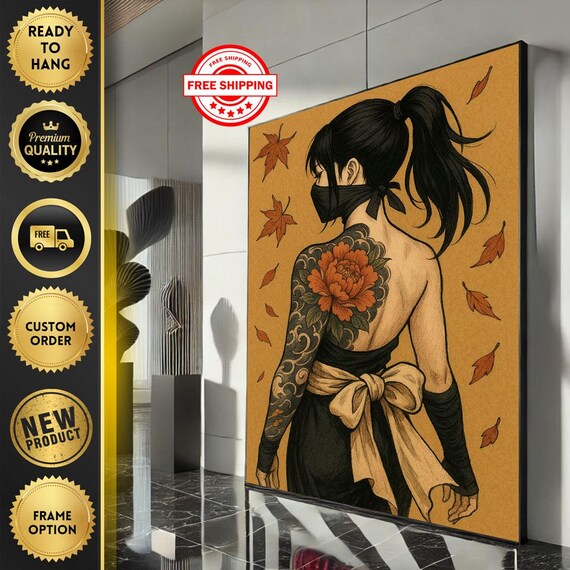 Masked Ninja Woman Peony Tattoo Autumn Anime Illustration Art Poster