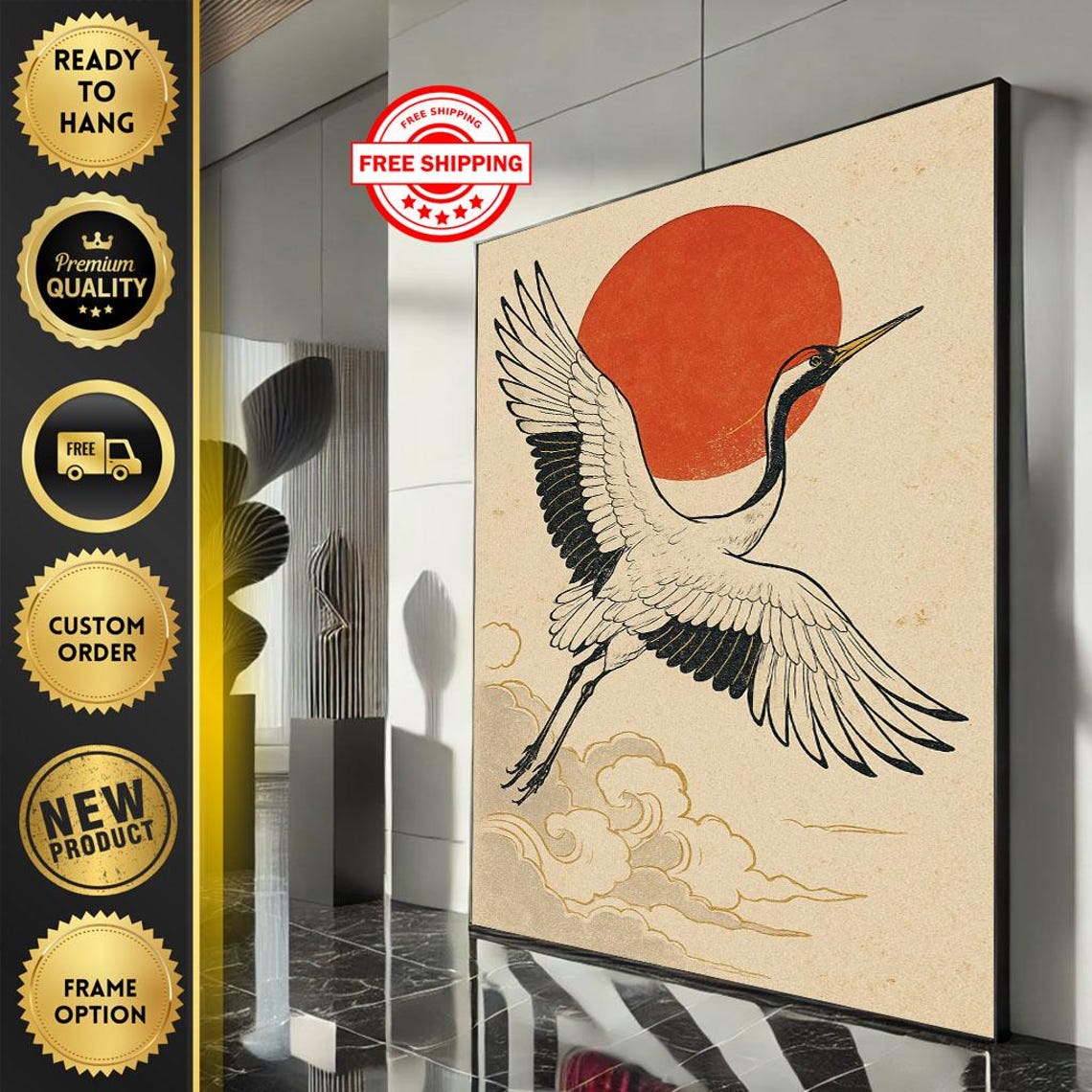 Graceful Crane With Red Sun Japanese Woodblock Style Art Poster