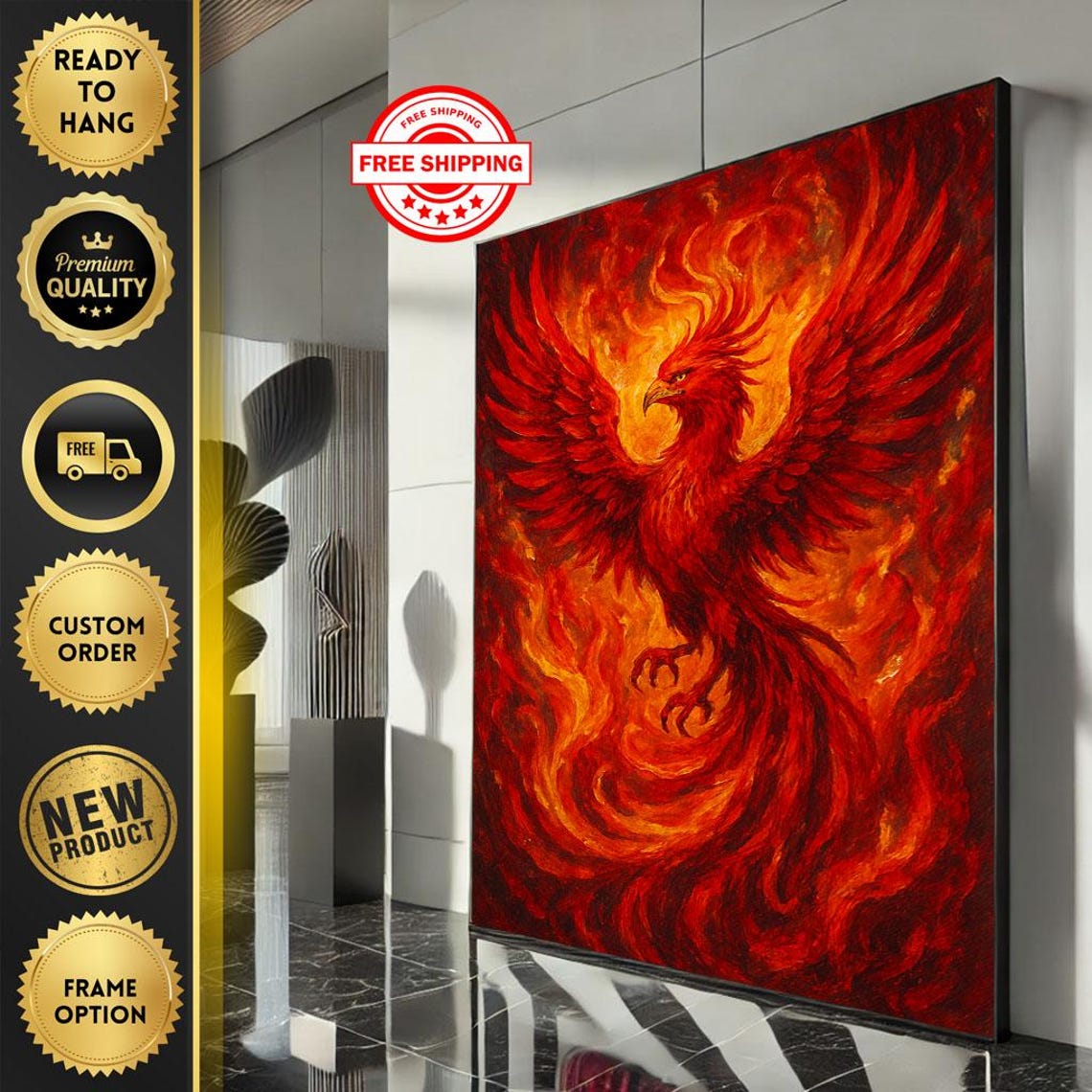 Fiery Red Phoenix Rising From Flames Mythical Bird Art Poster