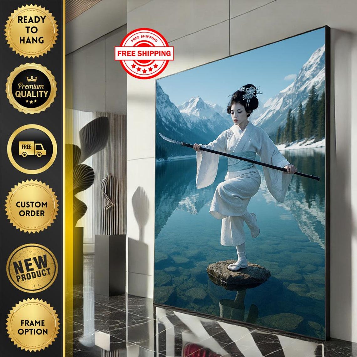 Woman In White Kimono With Naginata On Mountain Lake Winter Poster