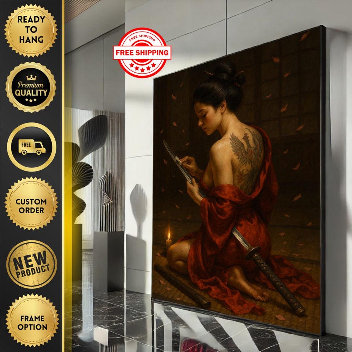 Kimono Woman Sharpening Katana Phoenix Tattoo Candle Art Poster