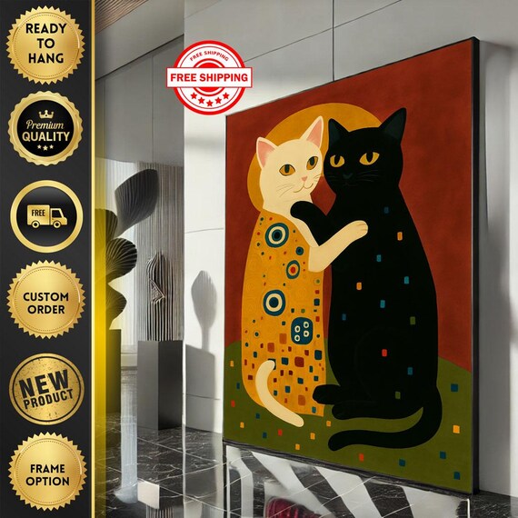 Cat Couple Golden Embrace Gustav Klimt Kiss Style Funny Wall Poster
