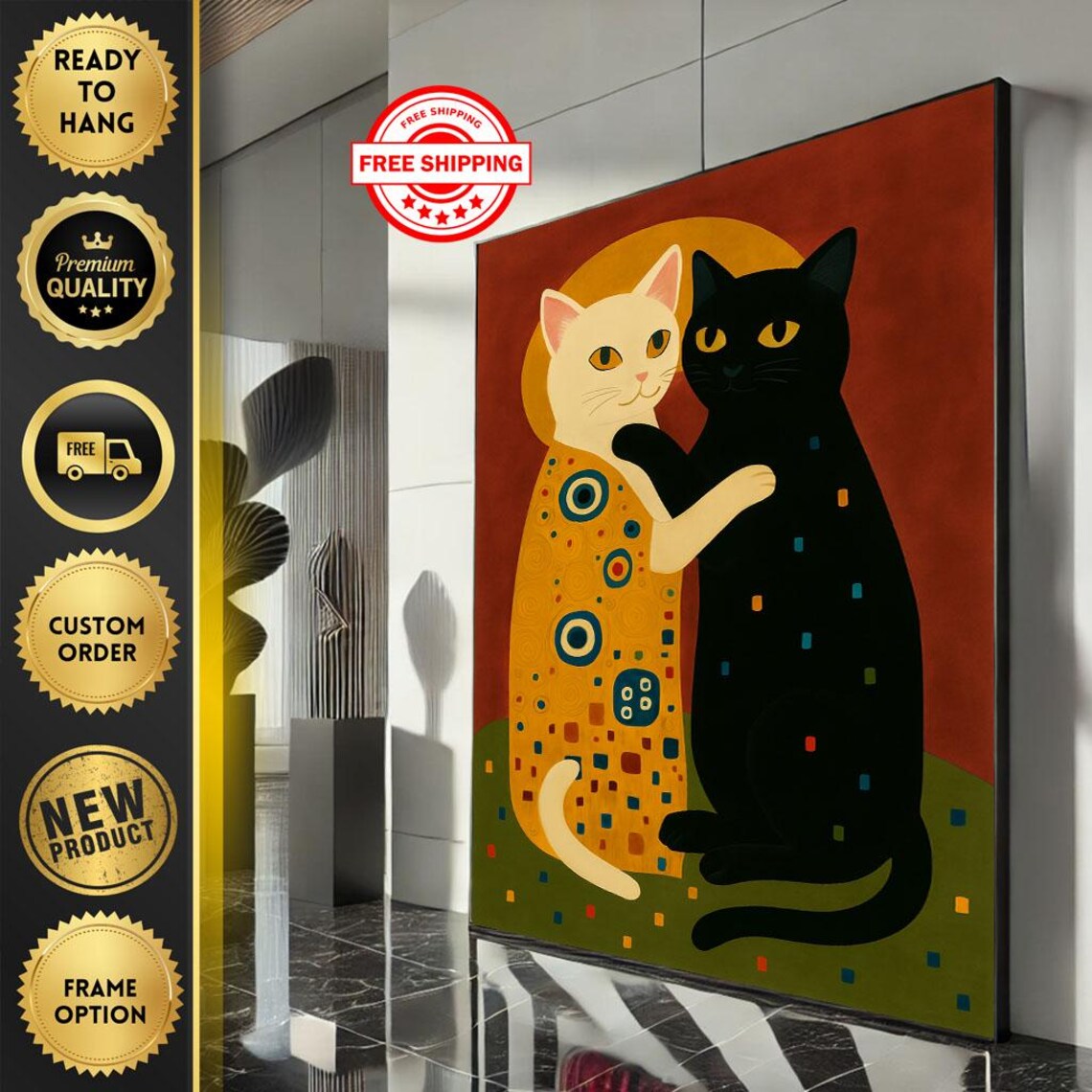 Cat Couple Golden Embrace Gustav Klimt Kiss Style Funny Wall Poster
