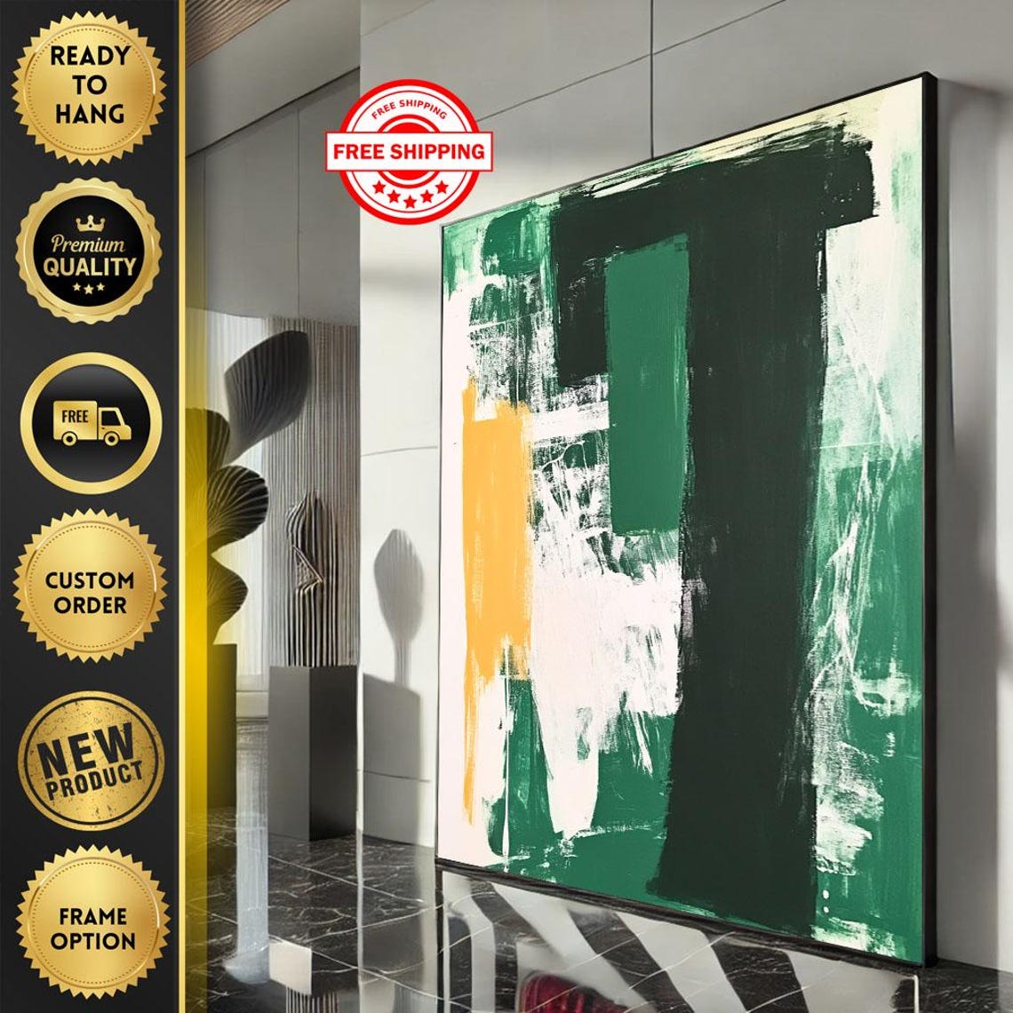 Green White Yellow Abstract Brushstroke Modern Painting Poster