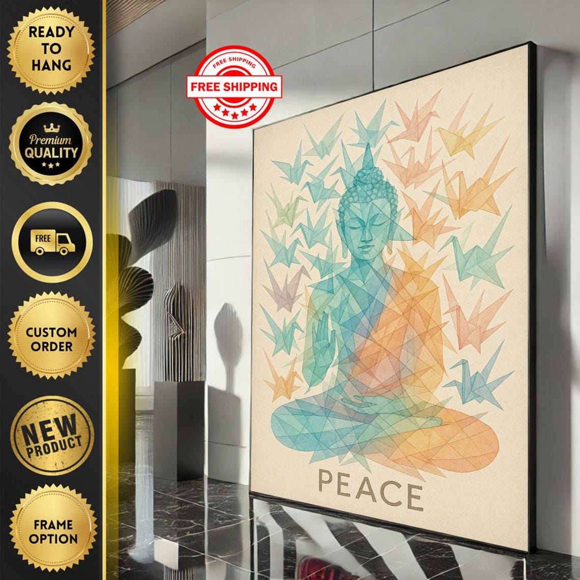 Geometric Buddha Origami Crane Peace Zen Meditation Art Poster