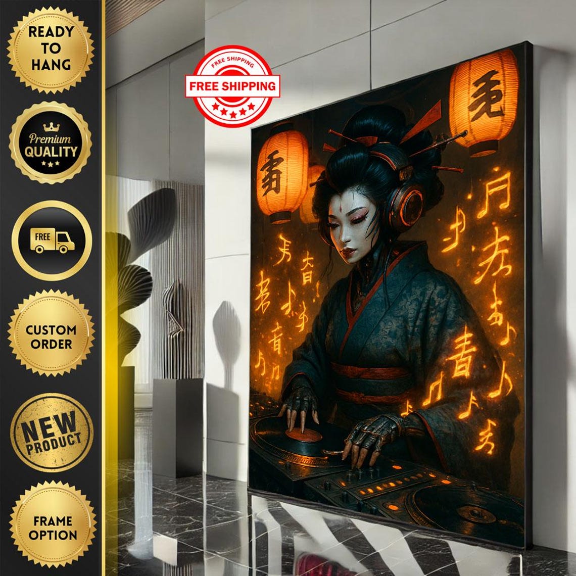 Geisha DJ With Headphones Mixing Turntables Lantern Glow Art Print