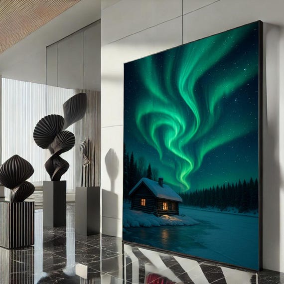 Serene Northern Lights Canvas Wall Art Print Mystical Green Living Room Decor Statement Piece For Modern Homes