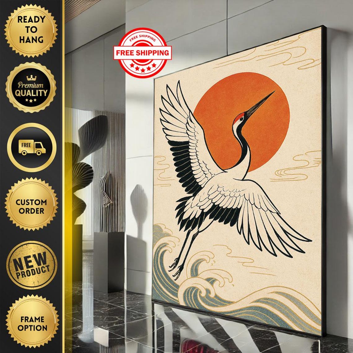 Japanese Crane Flying Over Ocean Waves Red Sun Bird Art Poster