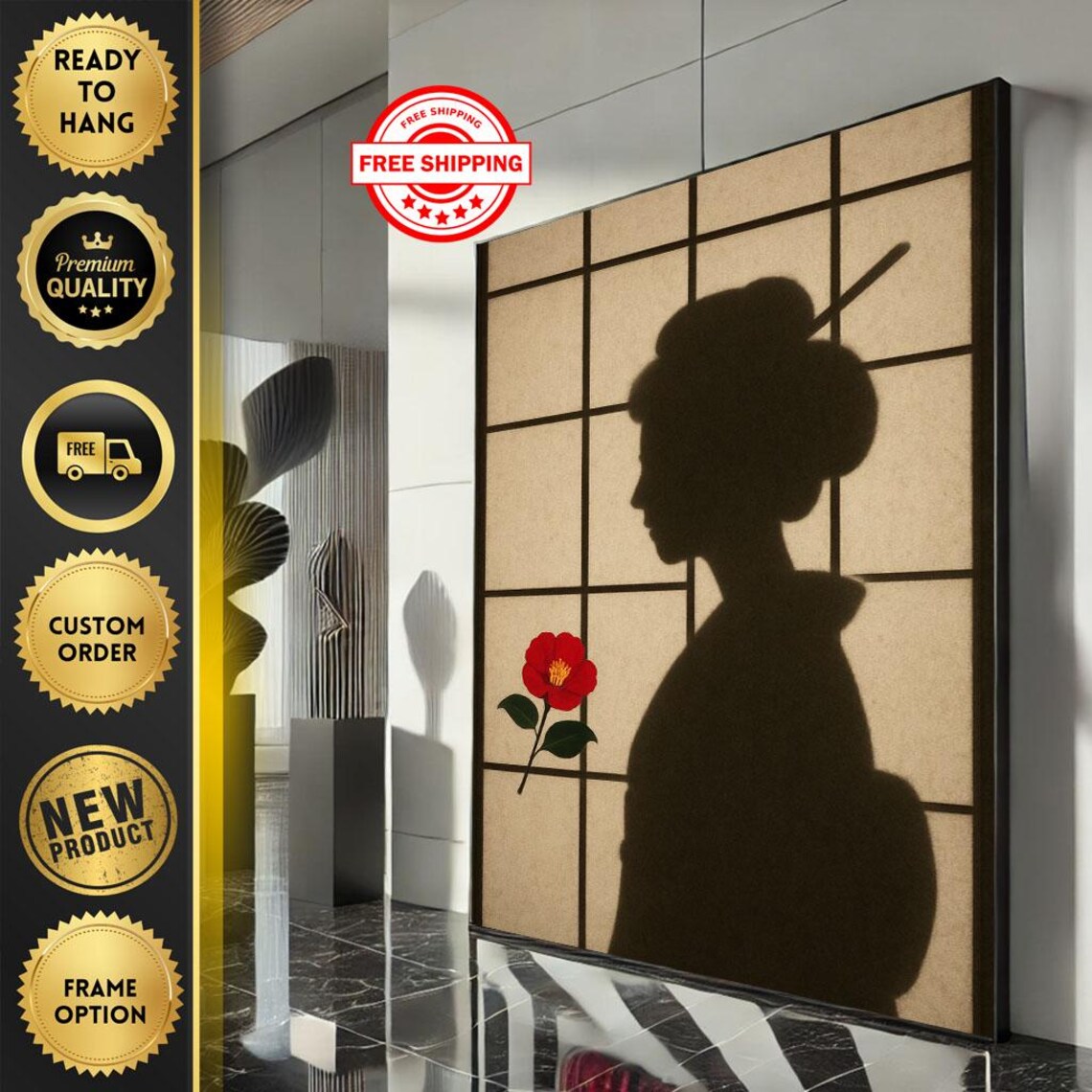 Geisha Silhouette Shoji Screen Red Camellia Minimal Japanese Poster