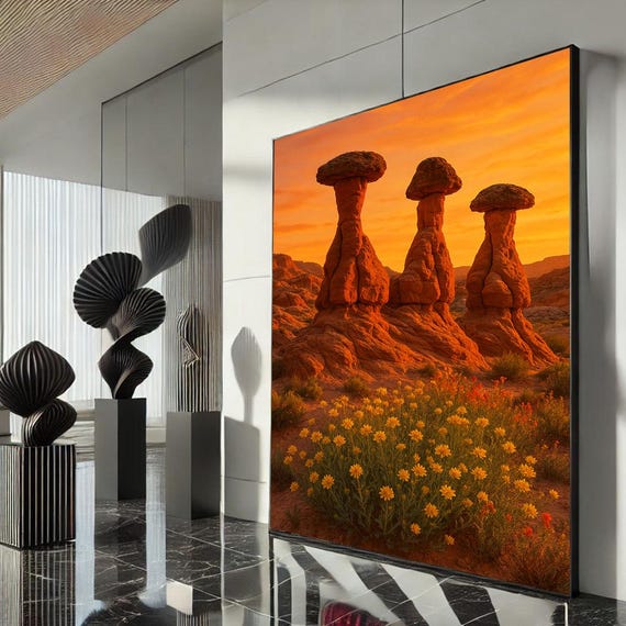 Serene Desert Rock Formations Canvas Wall Art Print Warm Sunset Living Room Decor Statement Piece For Nature Lovers
