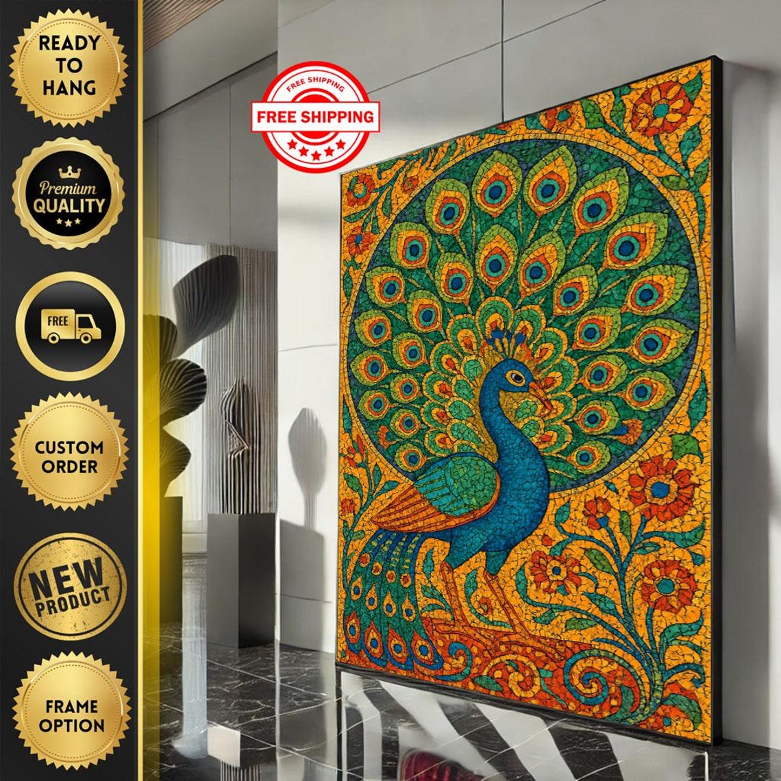 Vibrant Peacock Mosaic Art Colorful Boho Bird Feathers Poster