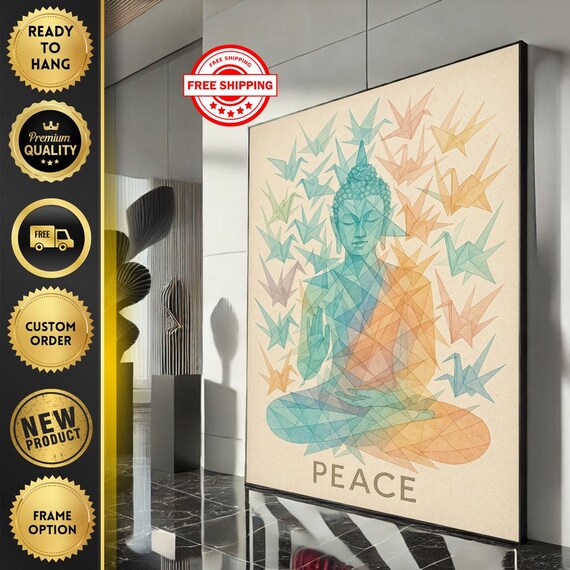 Geometric Buddha Origami Cranes Peace Faceted Design Art Print