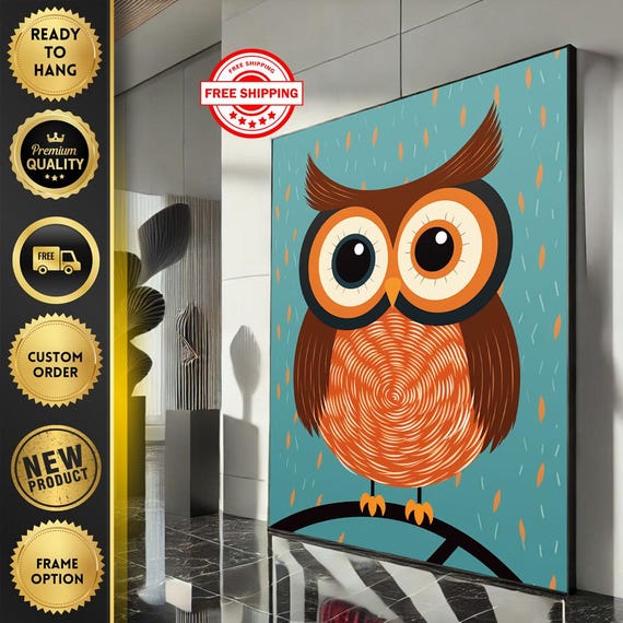 Whimsical Owl Illustration Canvas Wall Art Print Playful Living Room Decor Ready To Hang