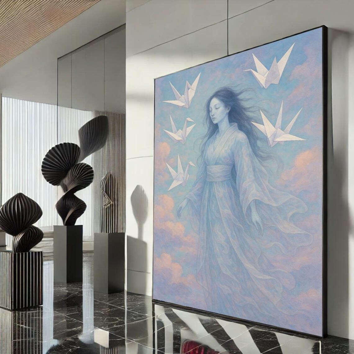 Ethereal Dream Woman Pale Blue Robe Origami Cranes Cloud Sky Poster