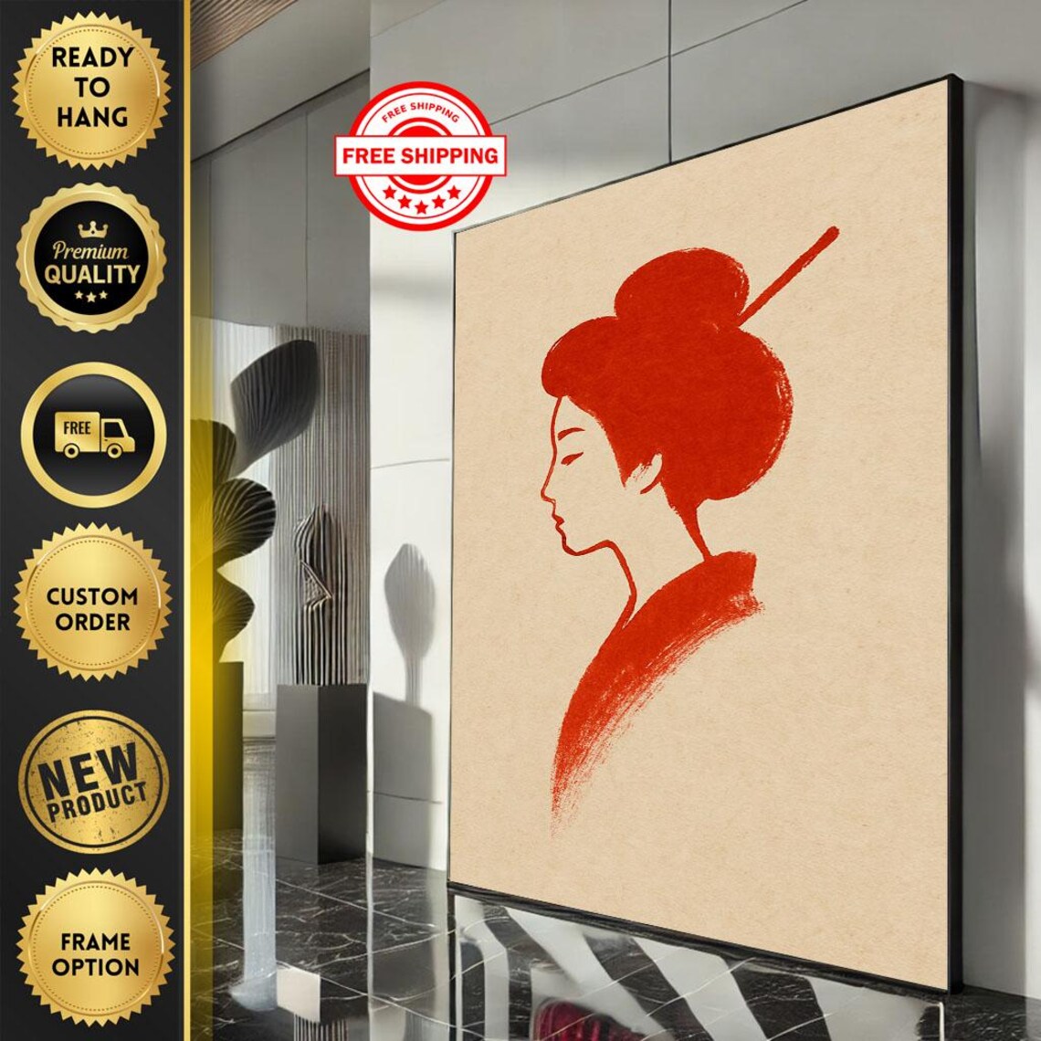 Red Ink Geisha Profile Japanese Zen Brush Minimalist Art Poster