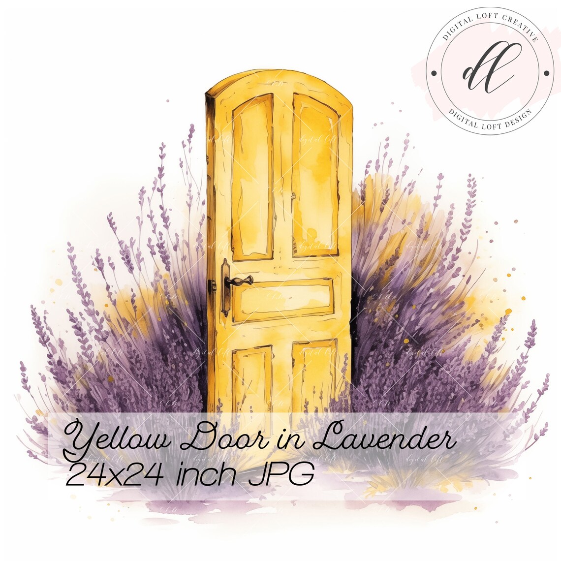 Watercolor Yellow Door Standing in a Blooming Lavender Field Poster