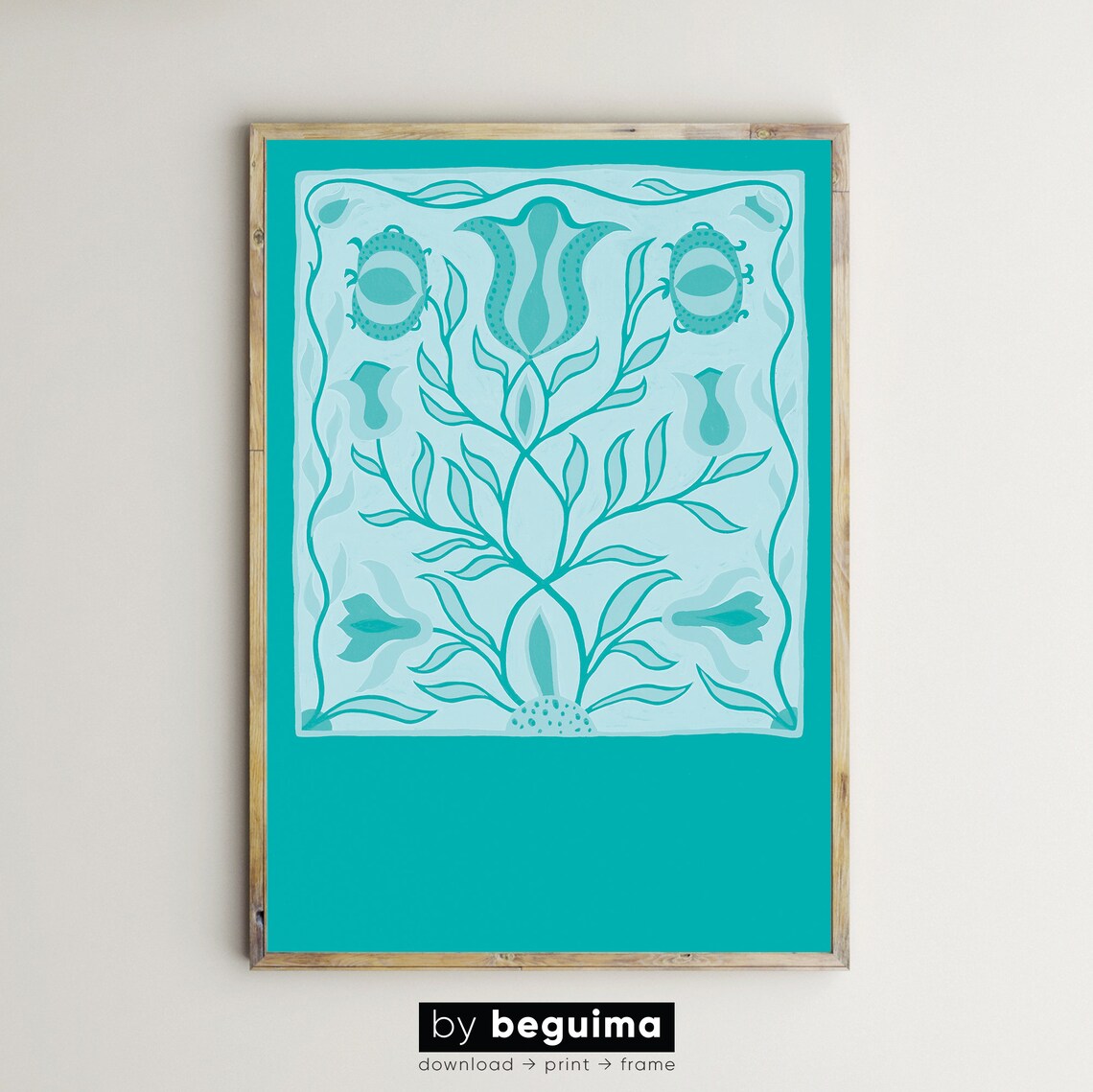 Turquoise Folk Floral Abstract Flower Painting Modern Botanical Poster