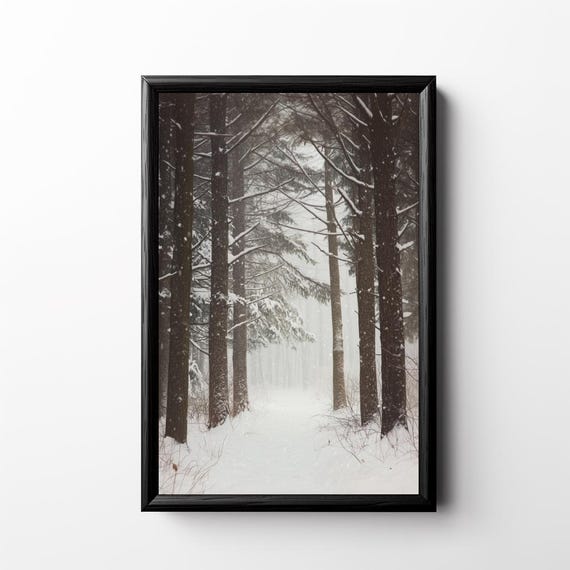Moody Winter Trees Painting Snowy Forest Wall Art Gothic Tree Print Dark Woods Artwork Snowing Pine Cabin Decor Holiday