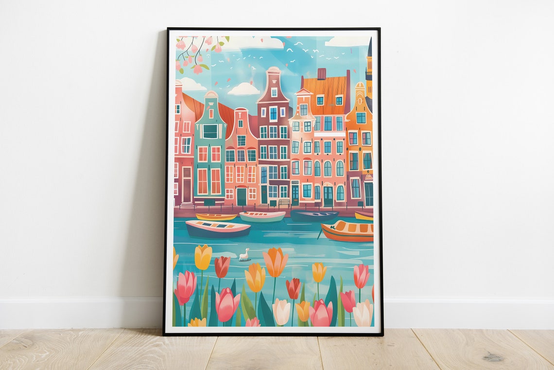 Amsterdam Netherlands Canal Houses Tulips Spring Boats Poster