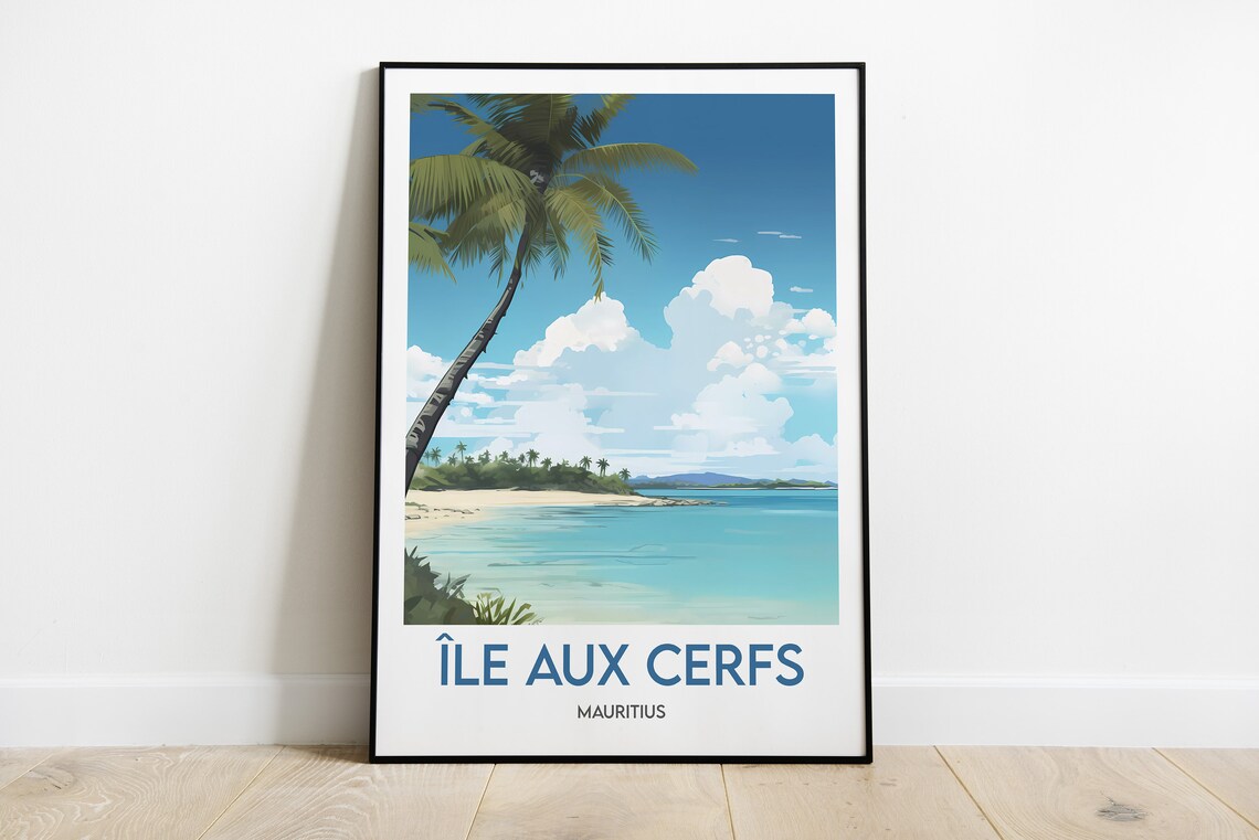 Ile aux Cerfs Mauritius Palm Tree Lagoon Beach Paradise Travel Poster