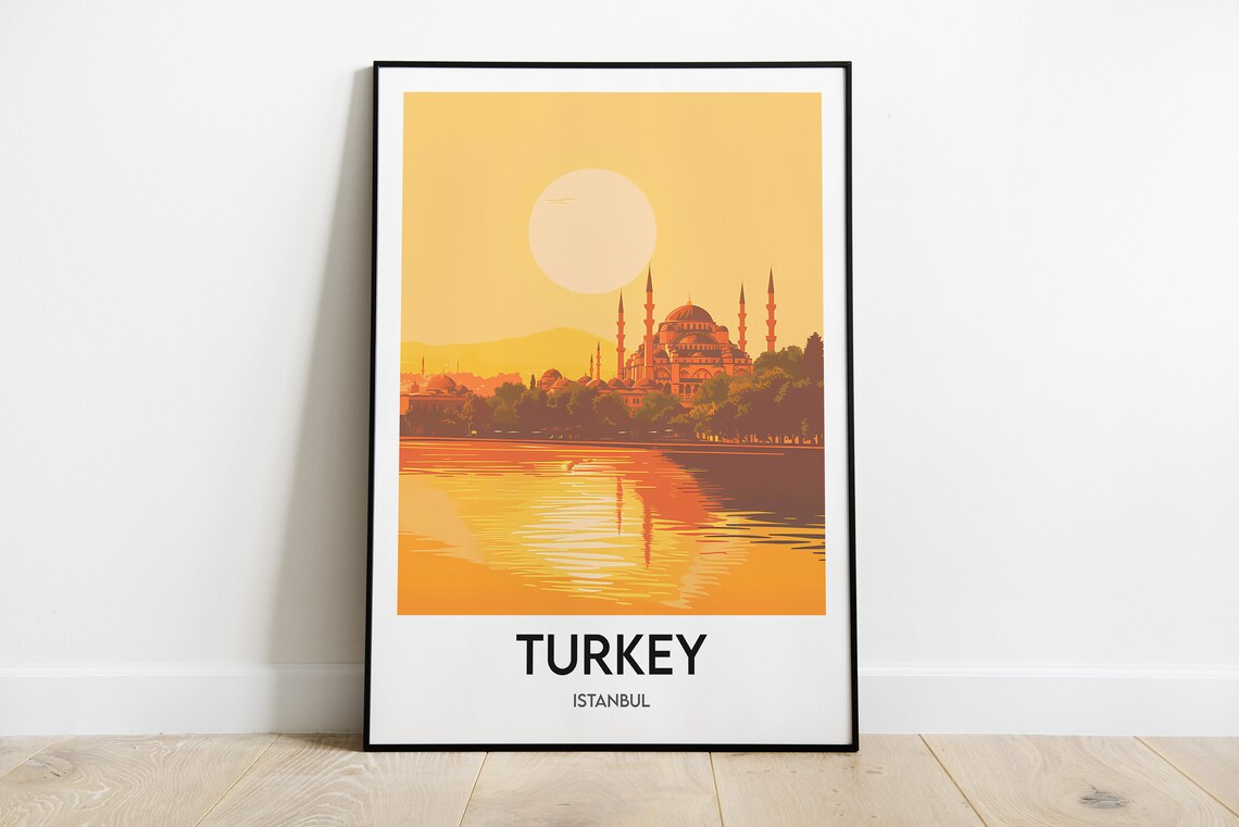 Turkey Istanbul Gold Sunrise Mosque Minarets Water Travel Poster