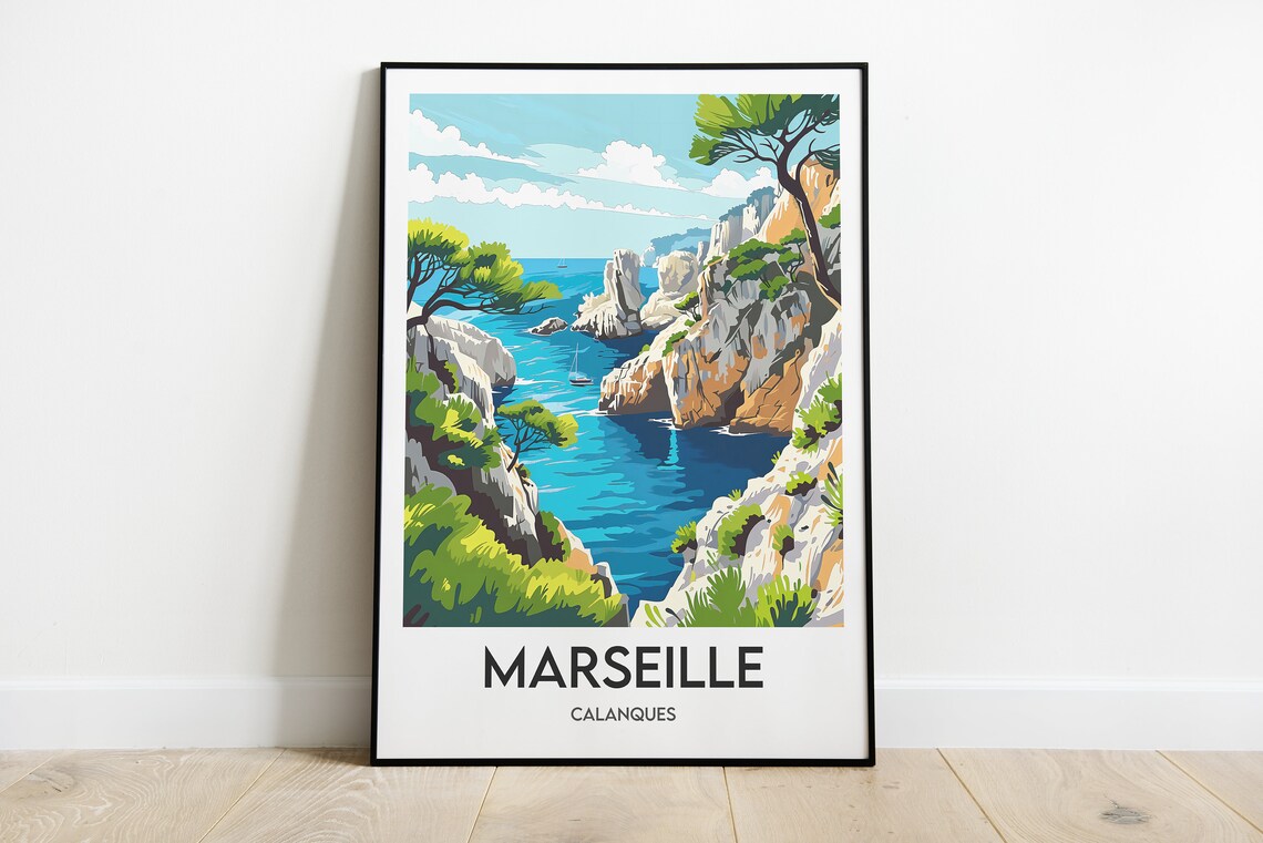 Marseille Calanques France Rocky Cove Sailboats Blue Water Poster