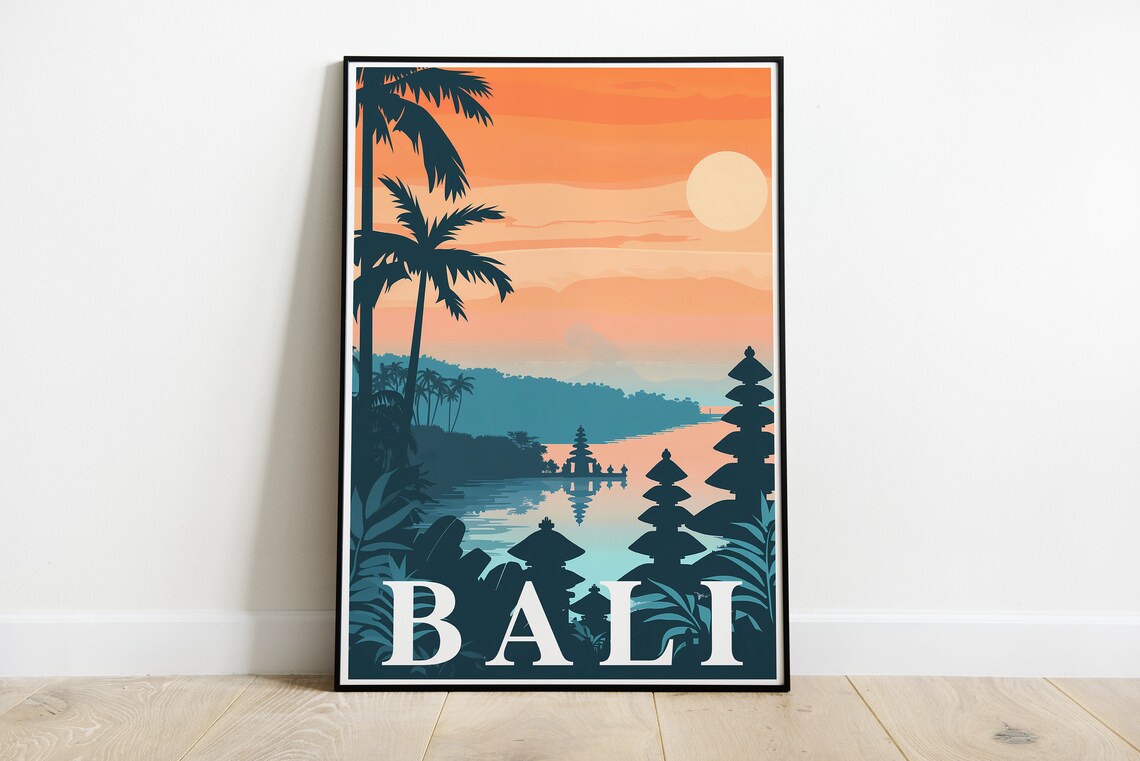 Bali Indonesia Sunset Temple Lake Palms Silhouette Art Poster